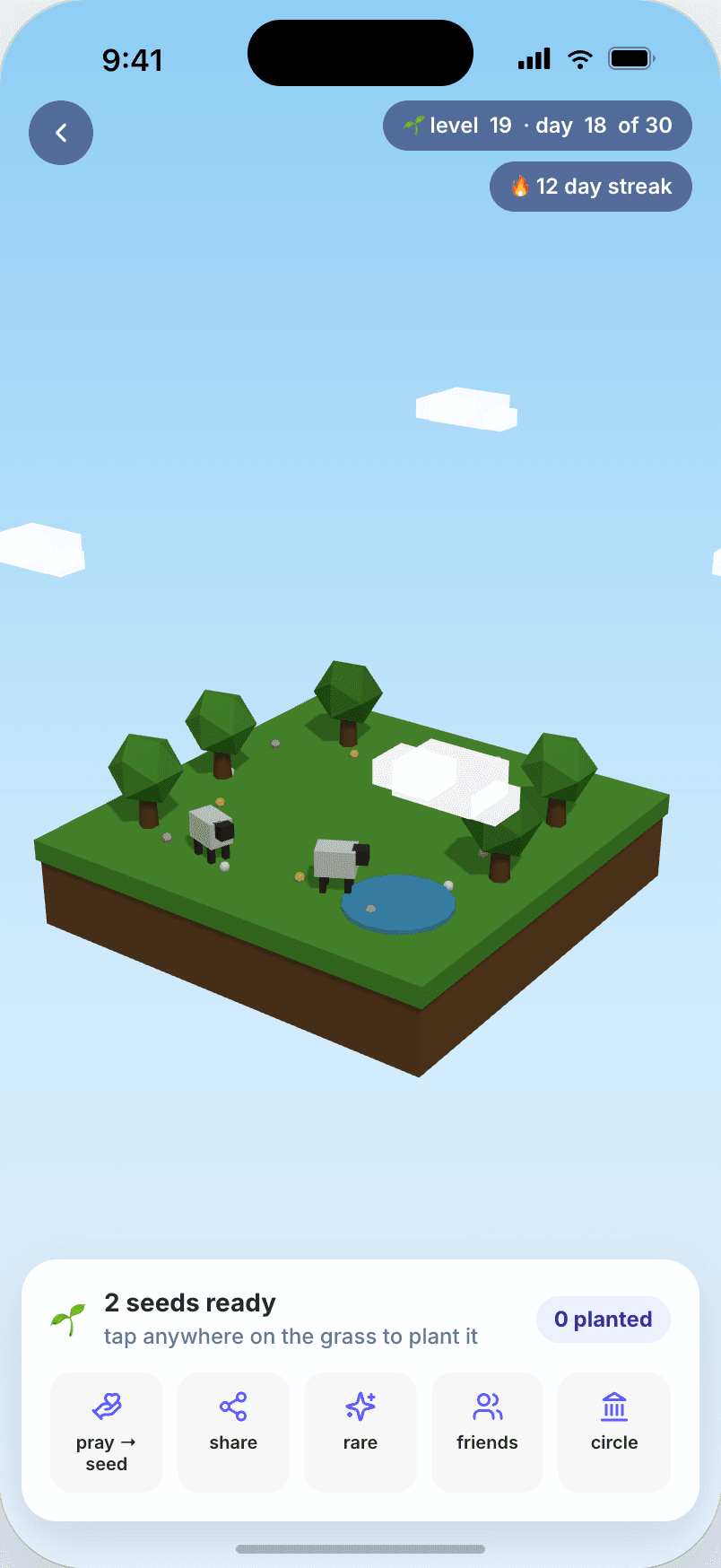 the Kingdom in 3D, an island with a church, houses and trees that grows with every prayer