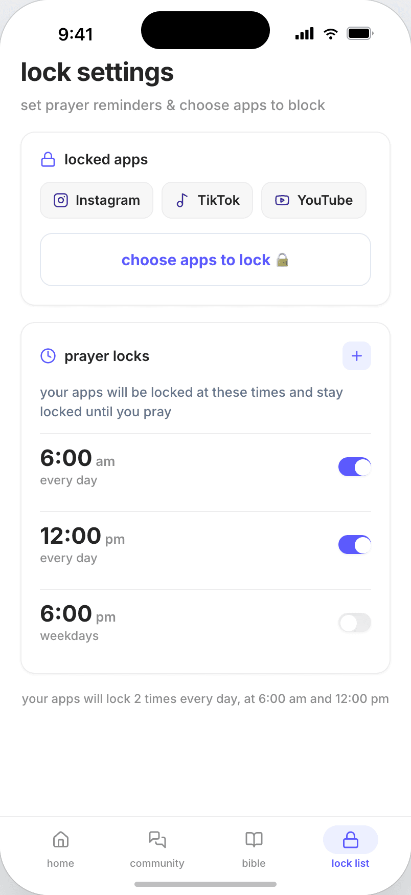 lock settings screen with Instagram, TikTok and YouTube in the list